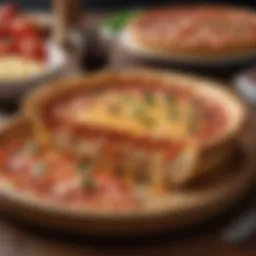 A vibrant plate of Chicago deep-dish pizza showcasing layers of cheese and toppings