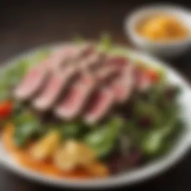 A vibrant salad bowl filled with seared tuna, mixed greens, and a zesty dressing