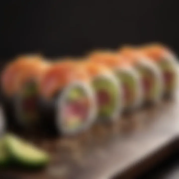 An artistic arrangement of sushi rolls featuring tuna, avocado, and sesame seeds