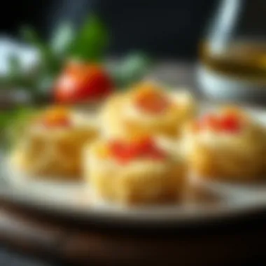 Gourmet Presentation of Angel Hair Nests An elegant presentation of angel hair nests as a gourmet meal.