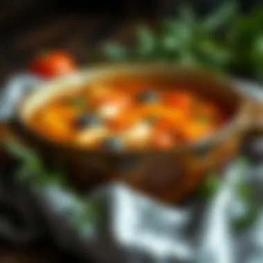 A hearty vegetable soup served in a rustic bowl, showcasing fresh ingredients