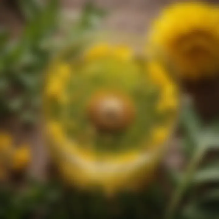 A vibrant cup of dandelion infusion surrounded by fresh dandelion flowers and leaves