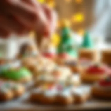 A festive scene of cookies being decorated with colorful icing and sprinkles.