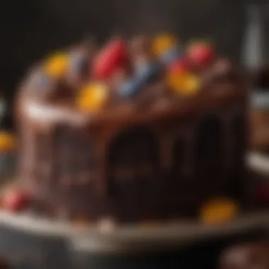 A close-up shot of a freshly baked chocolate cake with rich frosting and decorative toppings.