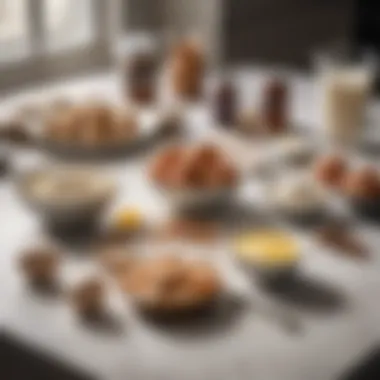 Ingredients laid out on a kitchen counter, showcasing flour, sugar, eggs, and vanilla extract.