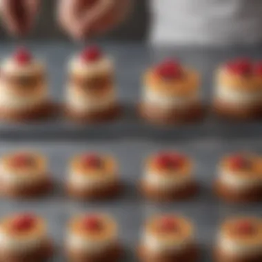 A step-by-step visual guide laid out on a countertop, showing the stages of assembling a layered dessert.