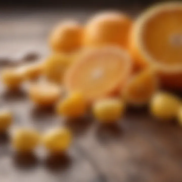 Close-up of vitamin C supplements on a wooden surface