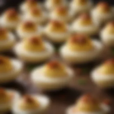 Close-up of creamy filling with spices in deviled eggs