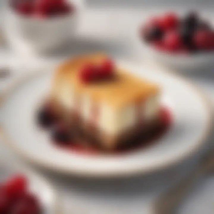 A close-up of a decadent slice of Devonshire cheesecake topped with a fruit compote