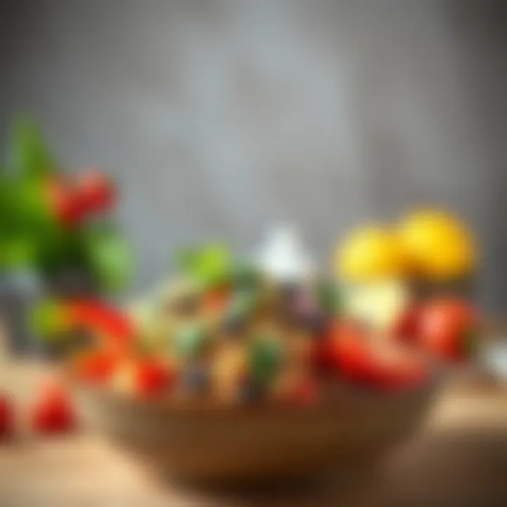 A colorful bowl of quinoa salad topped with fresh vegetables