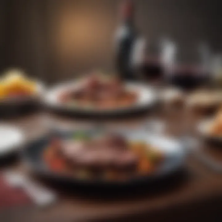 A beautifully set dining table showcasing red wine glasses paired with a beef dish.