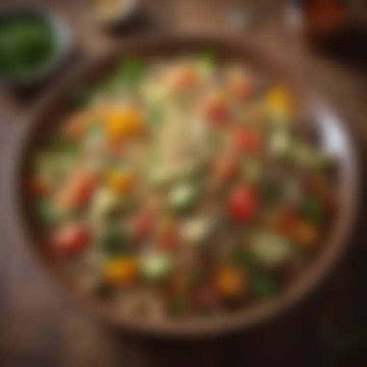 A colorful plate of quinoa salad with assorted vegetables and herbs