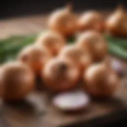 Close-up of fresh onions on a wooden table