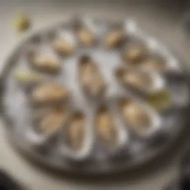 A close-up view of dollar oysters arranged elegantly on a platter