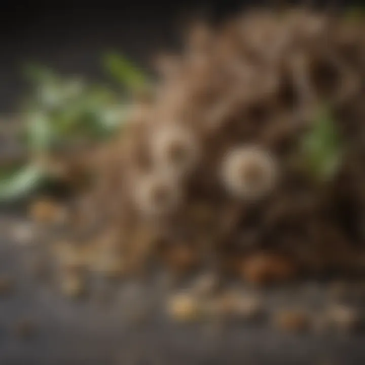 Close-up of dried dandelion roots and leaves for infusion preparation