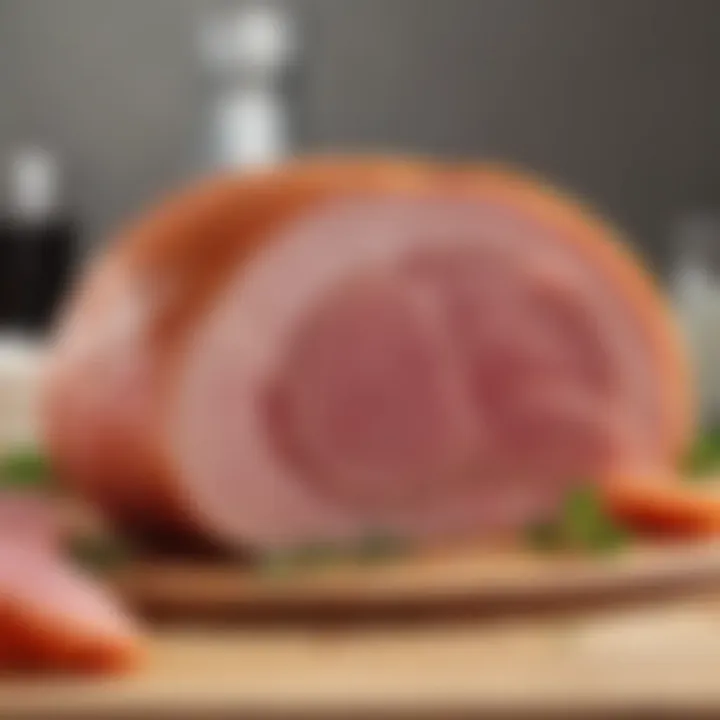 Close-up of a slice of ham with glossy glaze served elegantly