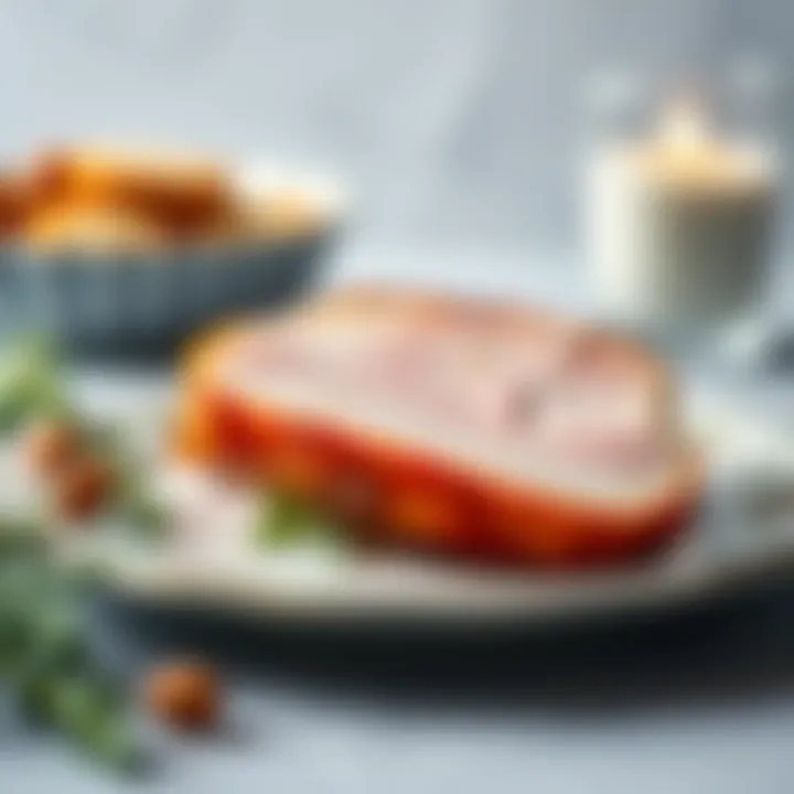 Close-up of a succulent slice of ham on a decorative plate