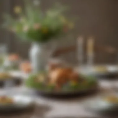 Festively decorated table with spring salads for Easter gathering