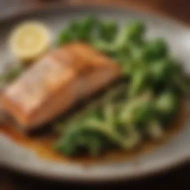 A beautifully arranged grilled salmon with steamed broccoli and lemon