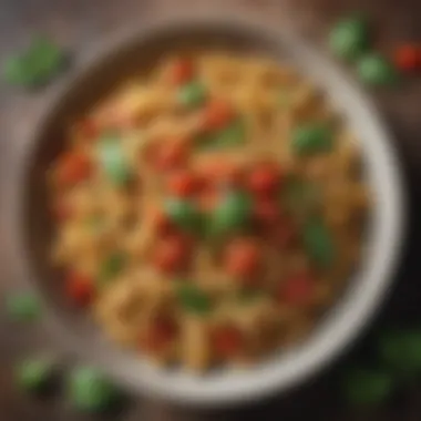 Whole Grain Pasta with Fresh Basil A comforting bowl of whole grain pasta topped with fresh tomatoes and basil