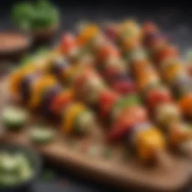 Colorful vegetable skewers drizzled with a tangy dip, perfect for healthy snacking.