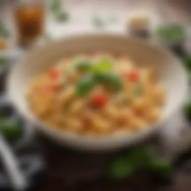 Delicious Pasta Bowl A comforting bowl of pasta garnished with fresh basil