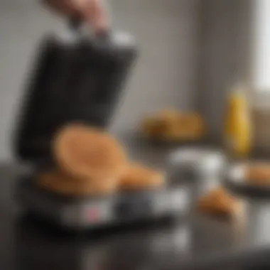 A user enjoying the easy cleaning process of a ceramic-coated waffle maker