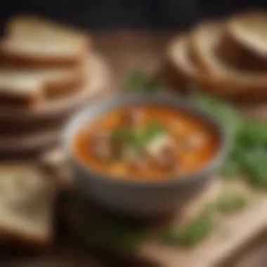 An inviting bowl of hearty soup garnished with fresh herbs and served alongside crusty bread