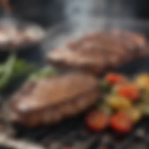 Grilled meat and vegetables on a BBQ grill with smoke rising.