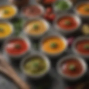 A variety of sauces and marinades displayed in small bowls beside fresh ingredients.