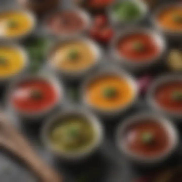 A variety of sauces and marinades displayed in small bowls beside fresh ingredients.