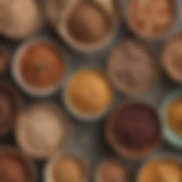 An assortment of grains and legumes in decorative bowls.