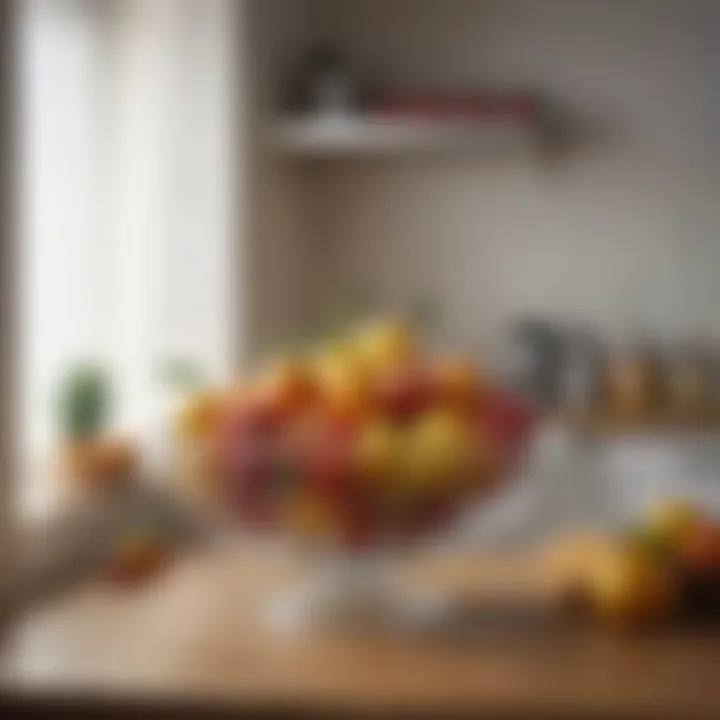 A fresh fruit bowl surrounded by a protective barrier to deter fruit flies.