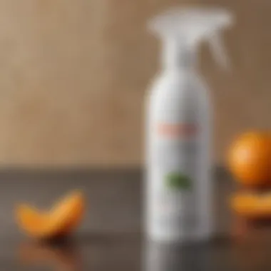 Close-up of a spray bottle filled with mold treatment solution, showcasing its label and ingredients.