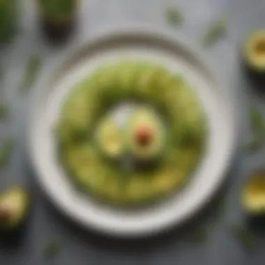 Avocado slices arranged on a plate with herbs