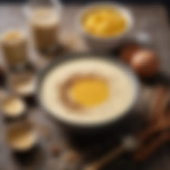 Ingredients neatly arranged for preparing oat milk egg custard, including oat milk, eggs, and spices.