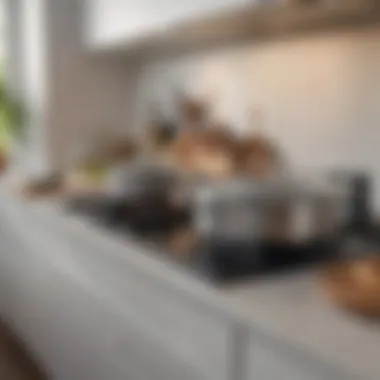 An ergonomic kitchen layout emphasizing the accessibility of pots and pans.