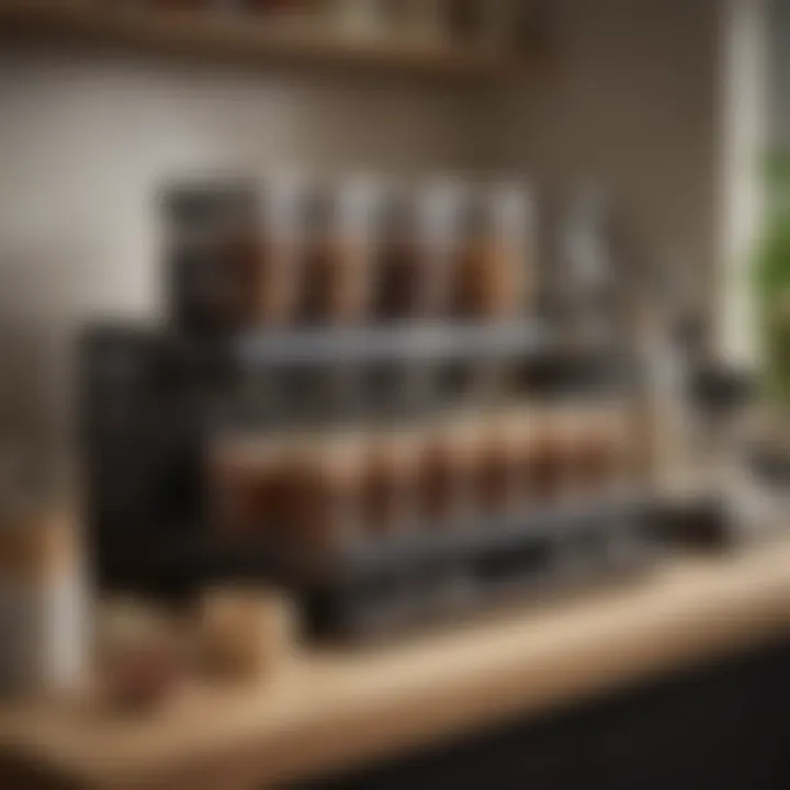 Close-up of an organized coffee cart with jars and utensils