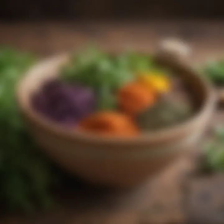 A close-up view of ground herbs in a bowl with a rustic background emphasizing their vibrant colors.