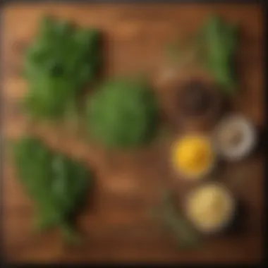 Fresh herbs and seasonings arranged on a wooden board