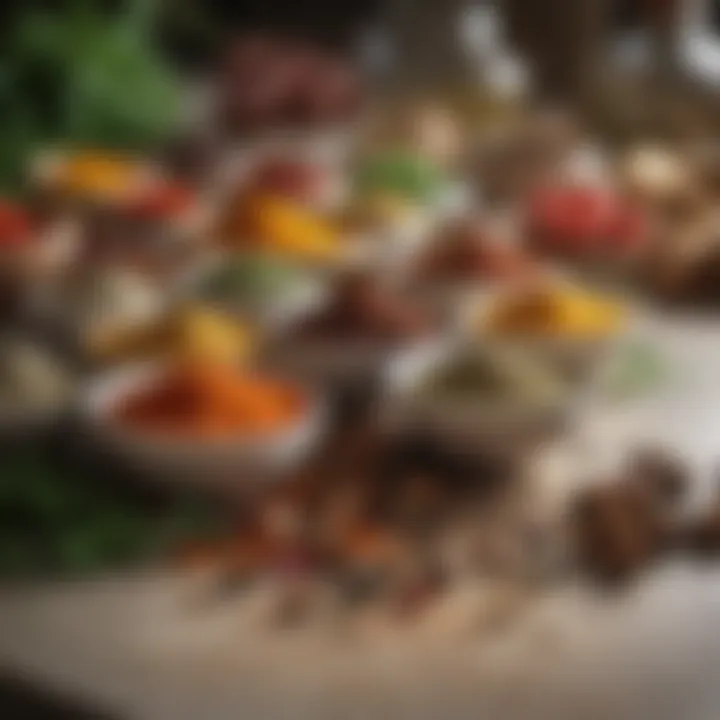 A colorful array of spices and herbs displayed on a kitchen counter