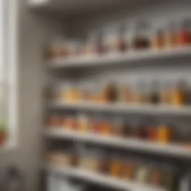 A modern kitchen featuring neatly organized spill-proof containers on shelves.