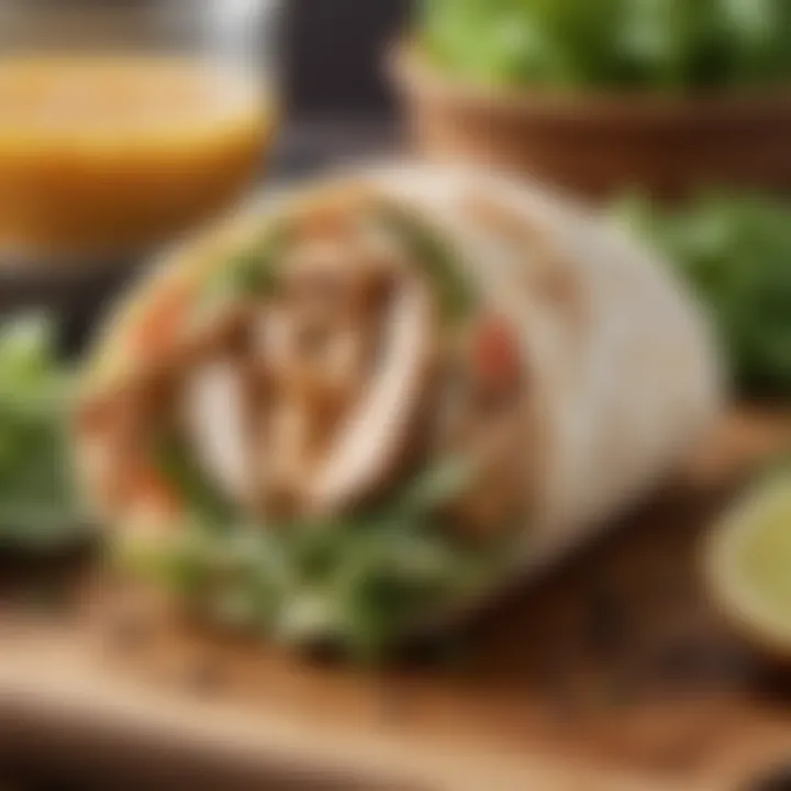 A hearty wrap featuring grilled chicken, fresh greens, and a zesty dressing.