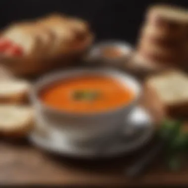 A rustic bowl of creamy tomato soup paired with crusty artisan bread.