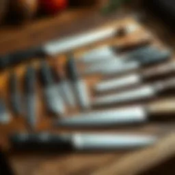An array of finely crafted small kitchen knives arranged on a wooden cutting board