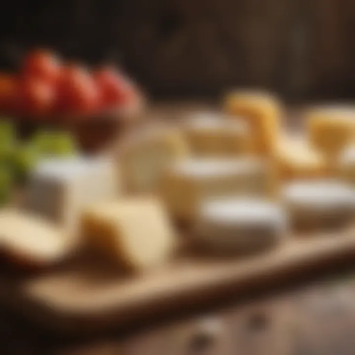 A variety of cheeses displayed on a wooden board