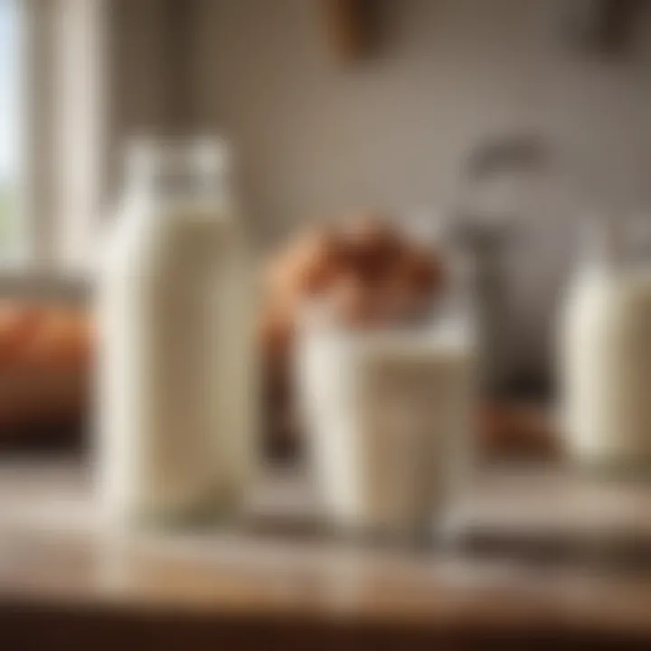 Freshly poured glass of milk with dairy farm background