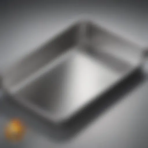 Close-up view of a gleaming stainless steel 11x15 baking pan showcasing its durability and shine.