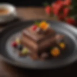 A beautifully plated chocolate dessert with intricate garnishes