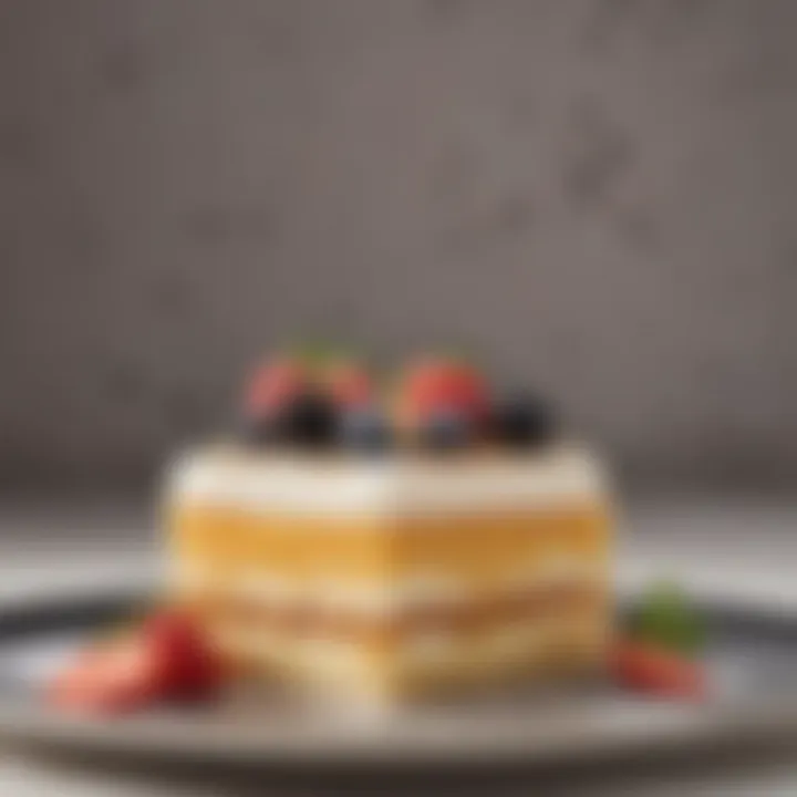 An artfully crafted dessert featuring layers of sponge and cream